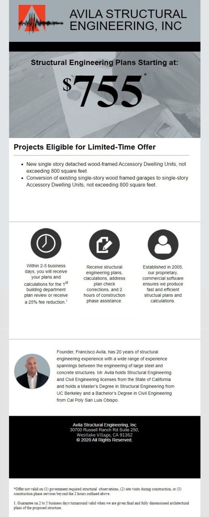 Avila Structural Engineering offering structural engineering plans starting at $755 for ADUs and garage conversions up to 800 square feet.